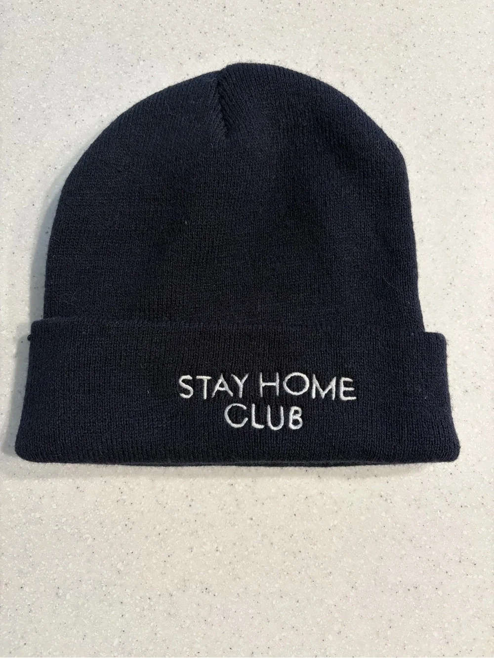 Stay Home Club Embroidered Beanie Hat. Black & White. One Size.